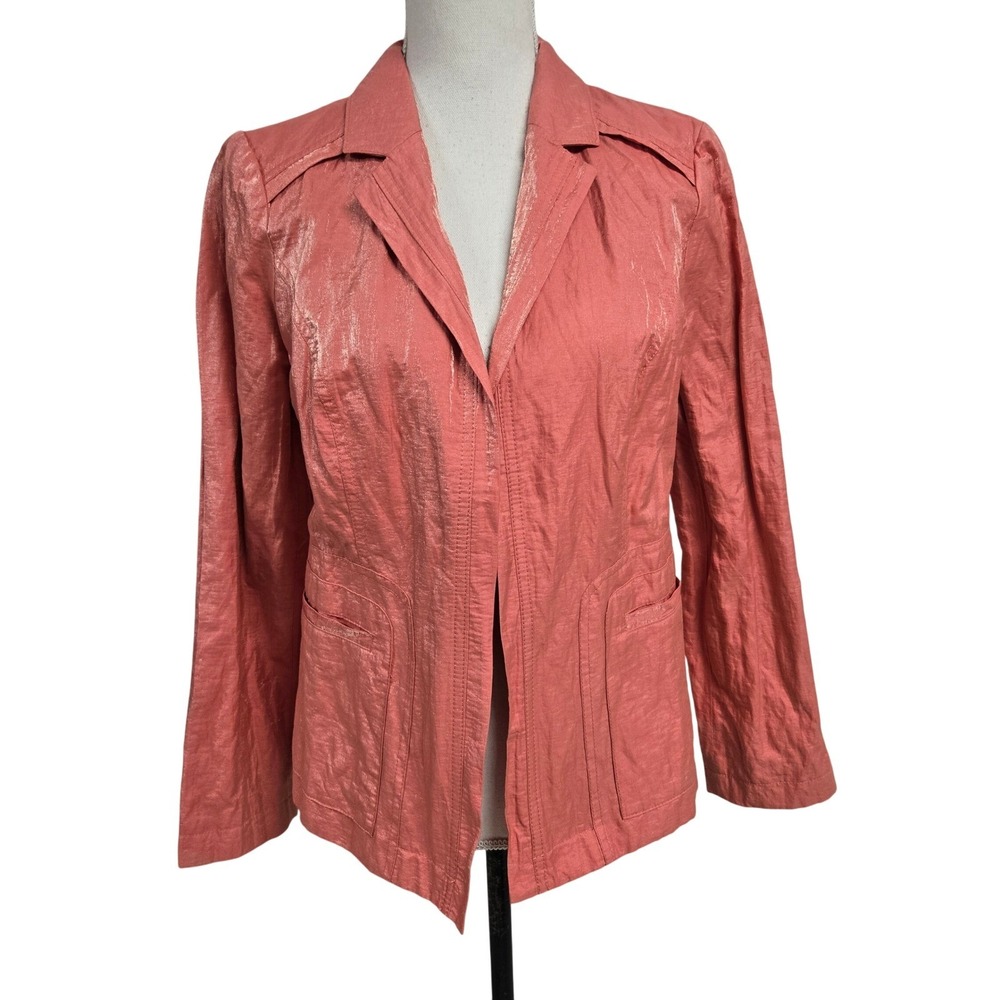 Chicos Shine Blazer Cheryl Solid Dahlia Pink Metallic Open Front Jacket Size 1
